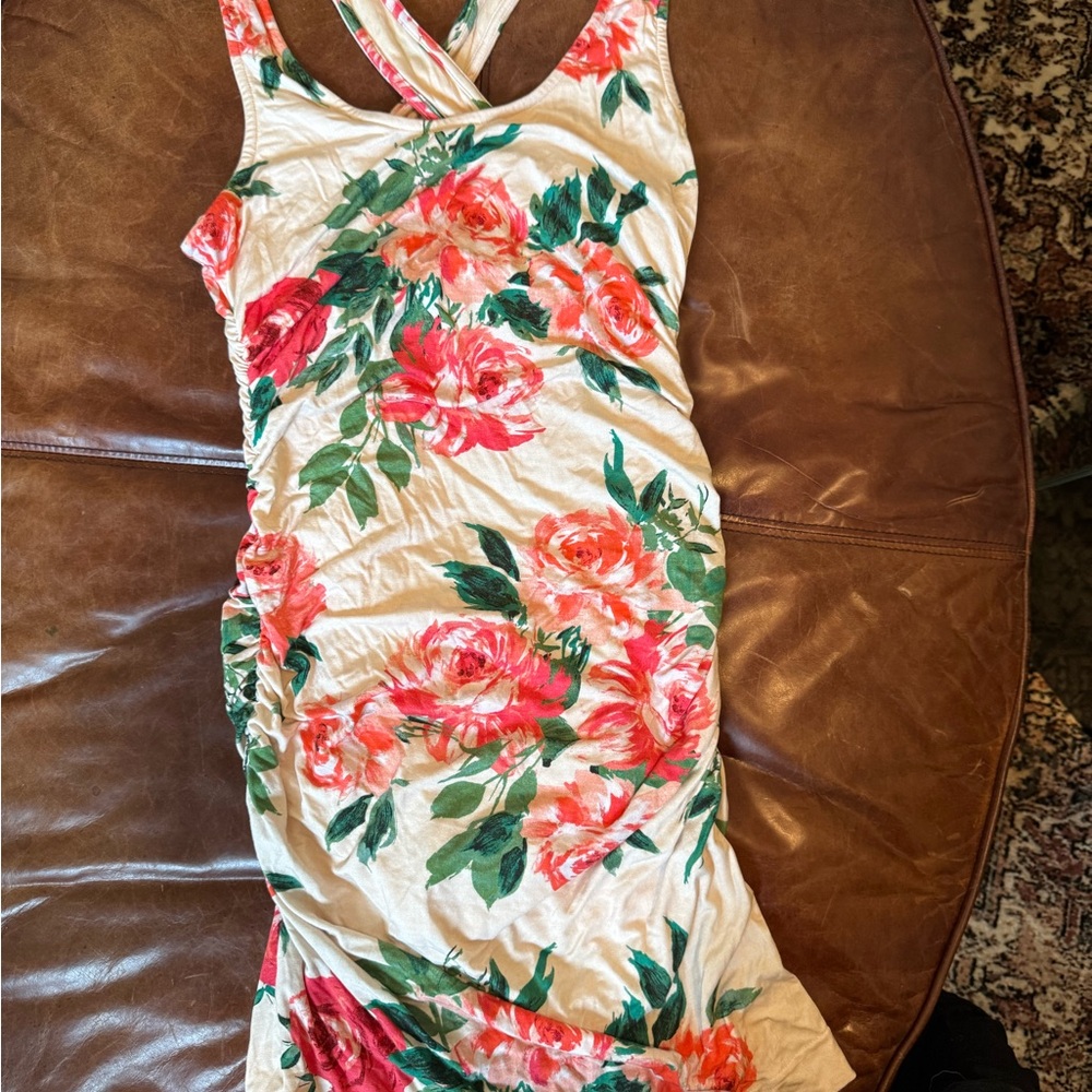 Rose Print Crossback Dress - Cream and Pink